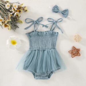 Meihuida Newborn Baby Girl Sleeveless Romper with Headband Summer Clothes Cotton Linen Bodysuit Tulle Tutu Skirt Blue 12-18 Months