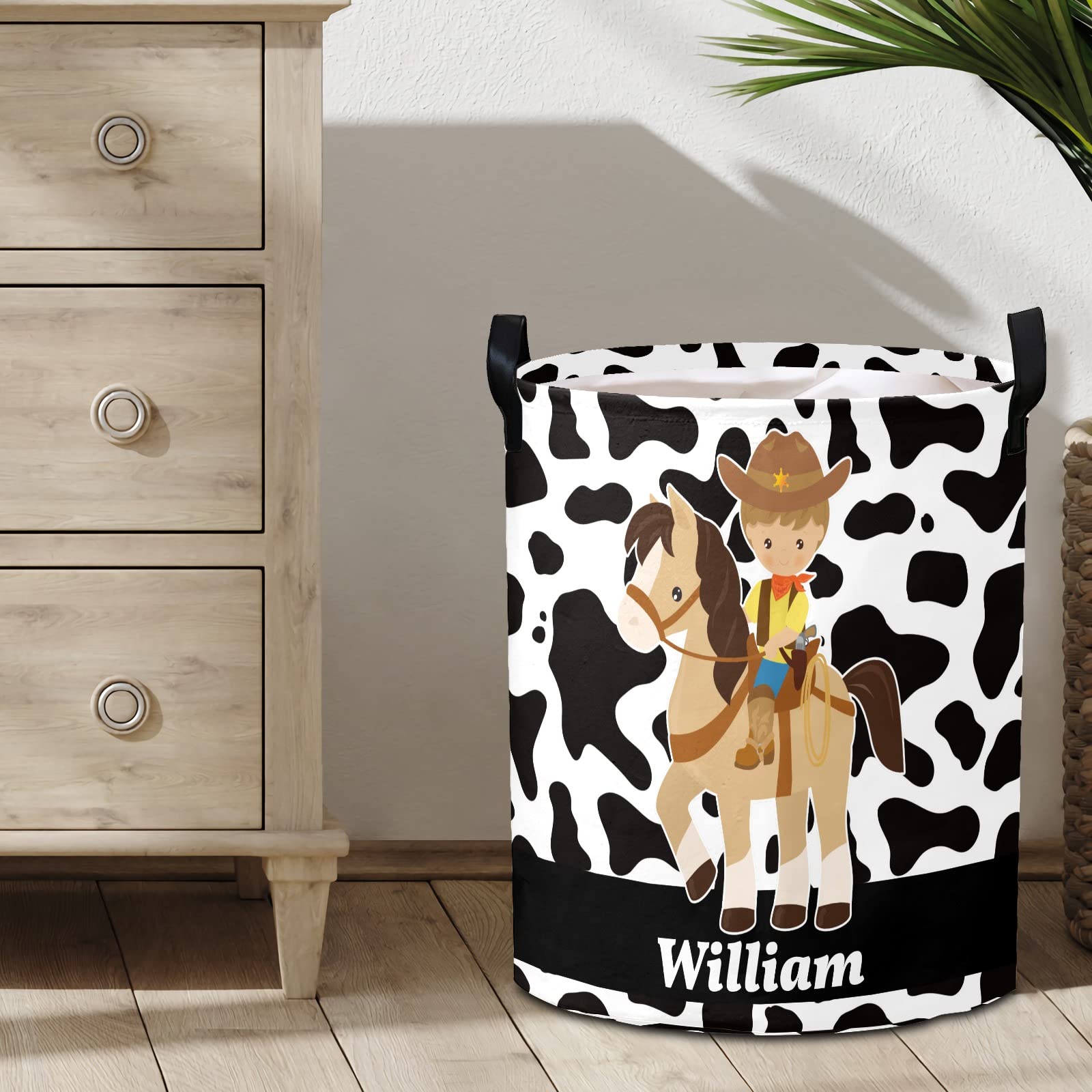 Personalized Laundry Basket Hamper,Cowboy Horse Black,Collapsible Storage Baskets with Handles for Kids Room,Clothes, Nursery Decor