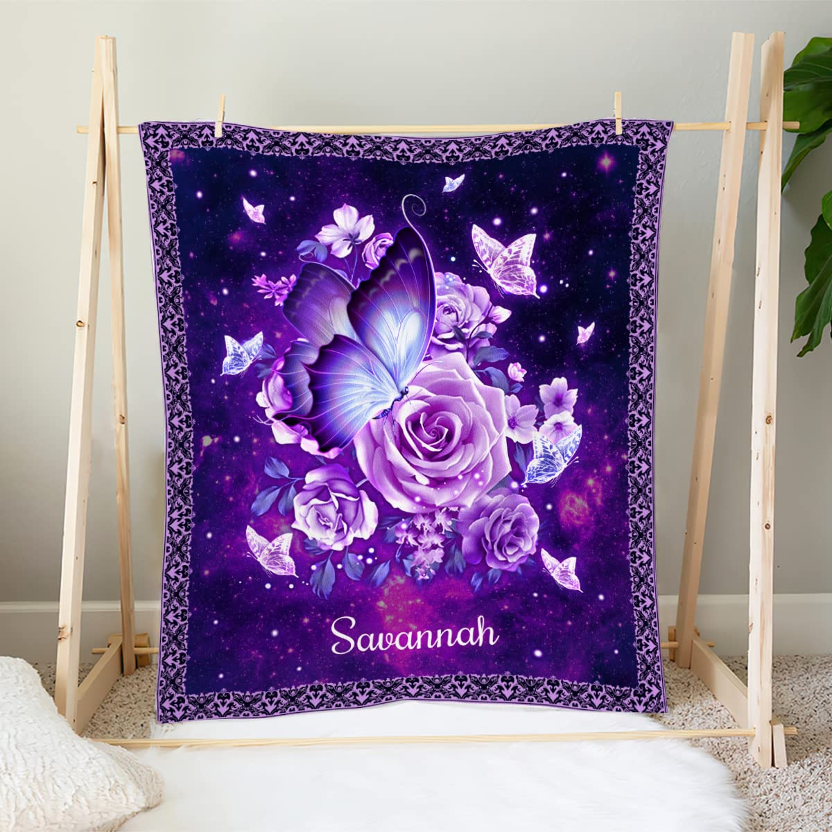 Toyshea Butterfly Blanket Personalized for Women Girls Kids Baby Teen 30"x40" 50"x60" 60" x80 Purple Butterflies Rose Soft Fleece/Sherpa Blankets Throw Mothers Day Butterfy Gifts Customized Name