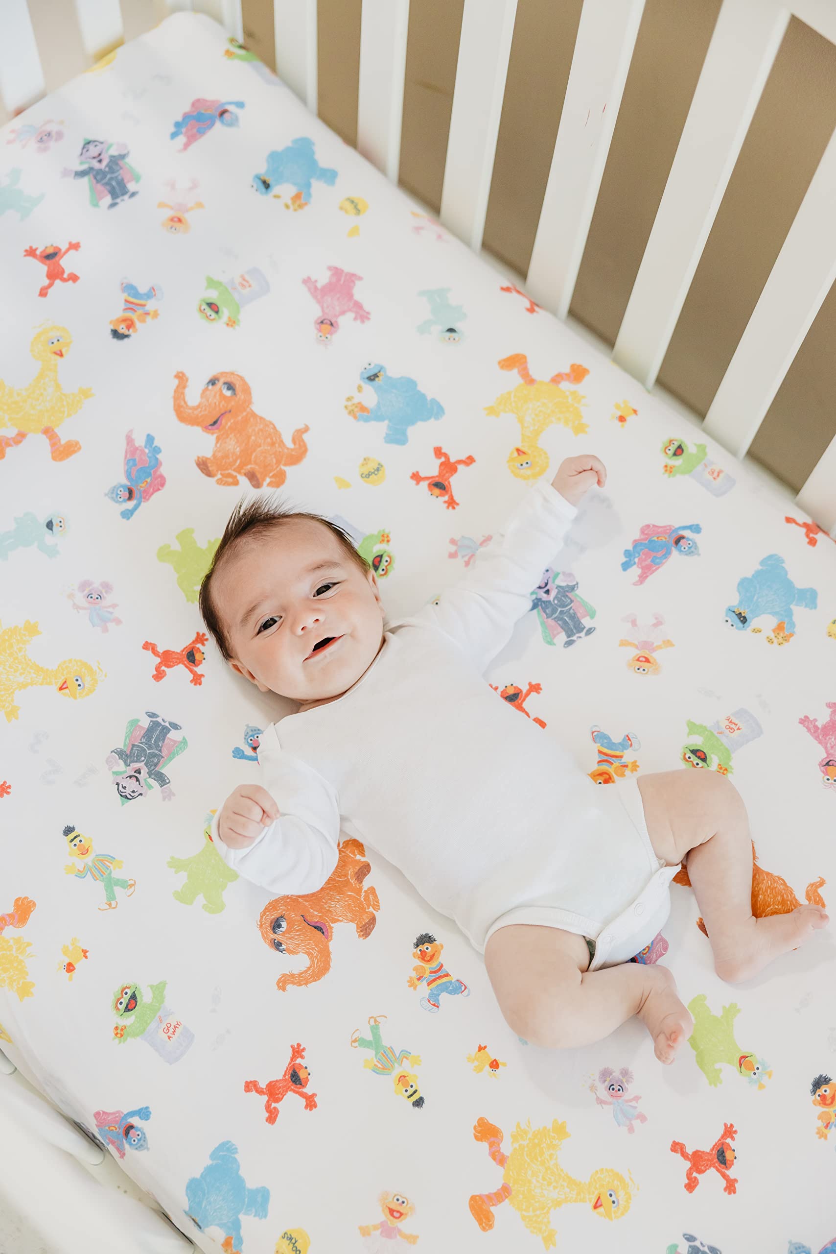 Premium Knit Baby Crib Sheets for Boys and Girls by Copper Pearl: Breathable and Soft, Fitted Crib Sheets for Standard Baby Mattresses, Crib Sheet for Baby Registry or Shower Gift, Sesame Friends