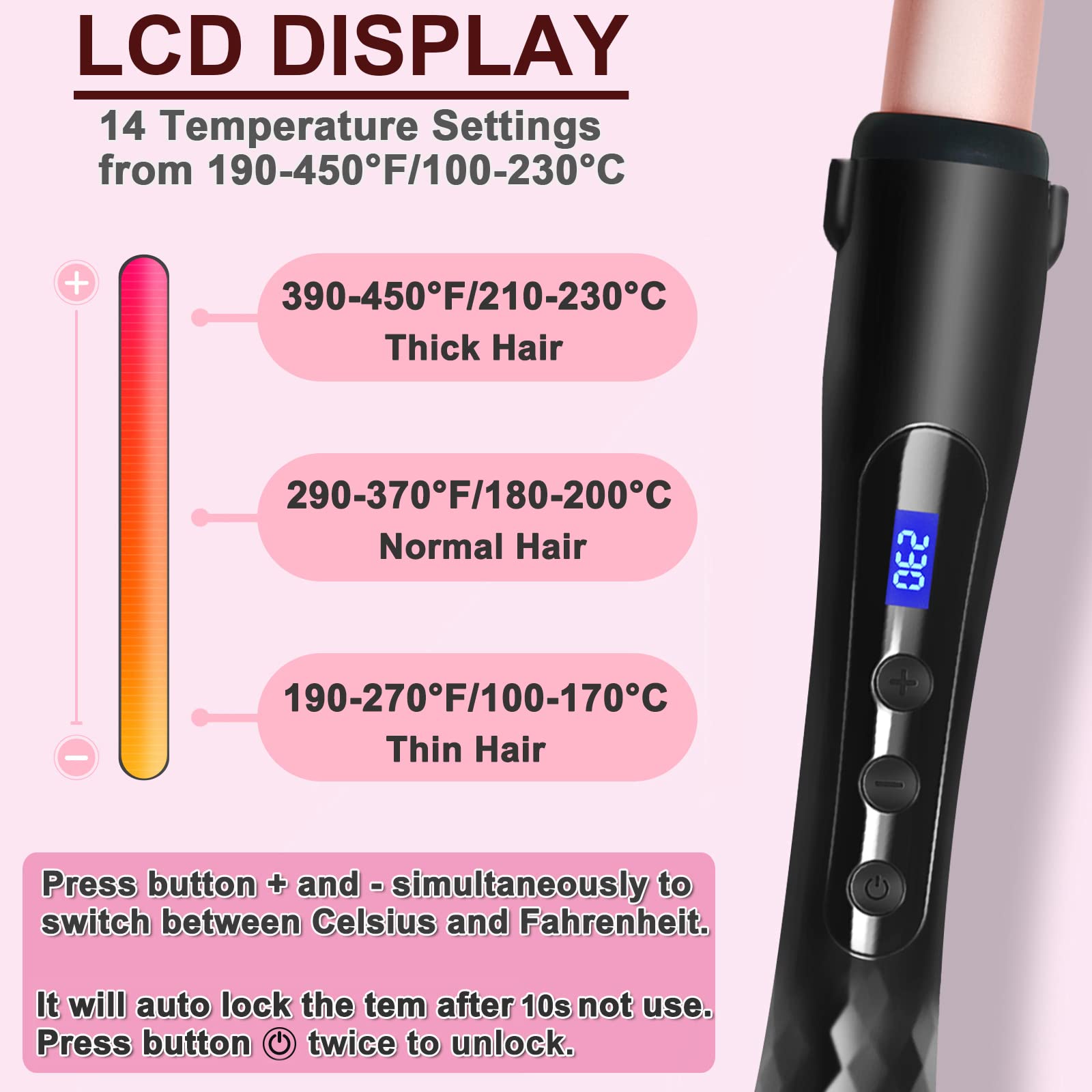 Hair Curling Wand, 1/2-1 Inch Tapered Curling Iron for All Hair Types, Professional Ceramic Hair Curler Wand with Adjustable Temperature 190-450℉, Include Heat Resistant Glove, Rose Pink