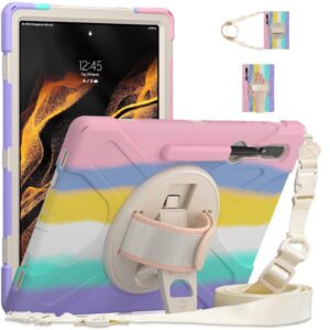 shockproof case for galaxy tab s8 ultra 14.6 inch 2022, heavy duty rugged cover with 360 rotating hand belt shoulder strap s pen holder for samsung tab ultra 14.6'' tablet, colorful pink