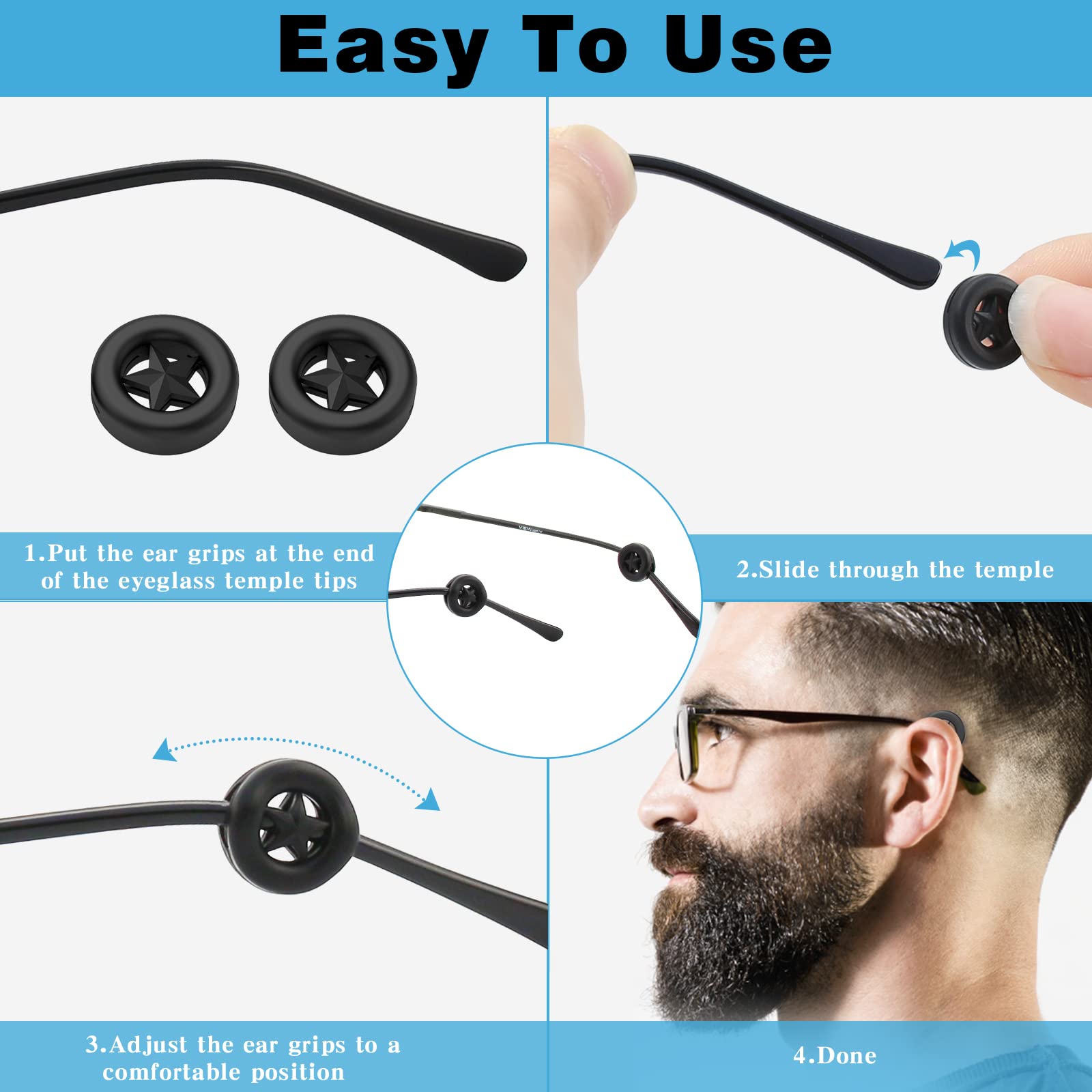 SMARTTOP Glasses Ear Grip-14 pairs Star Round Silicone Anti-slip Eyeglasses Ear Cushion Retainer for Kids Women Man-Sunglasses, Optical and Reading Eyeglasses Ear Hooks Accessories,(Black)