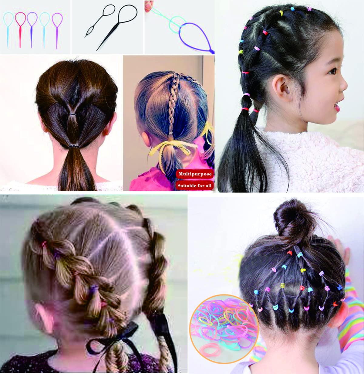 2000 PCS Hair Bands, Color Elastic Rubbers, Mini Ties for Girls' Ponytails, Soft Non-Slip Small Bands with 2 PCS Topsy Tail Tools