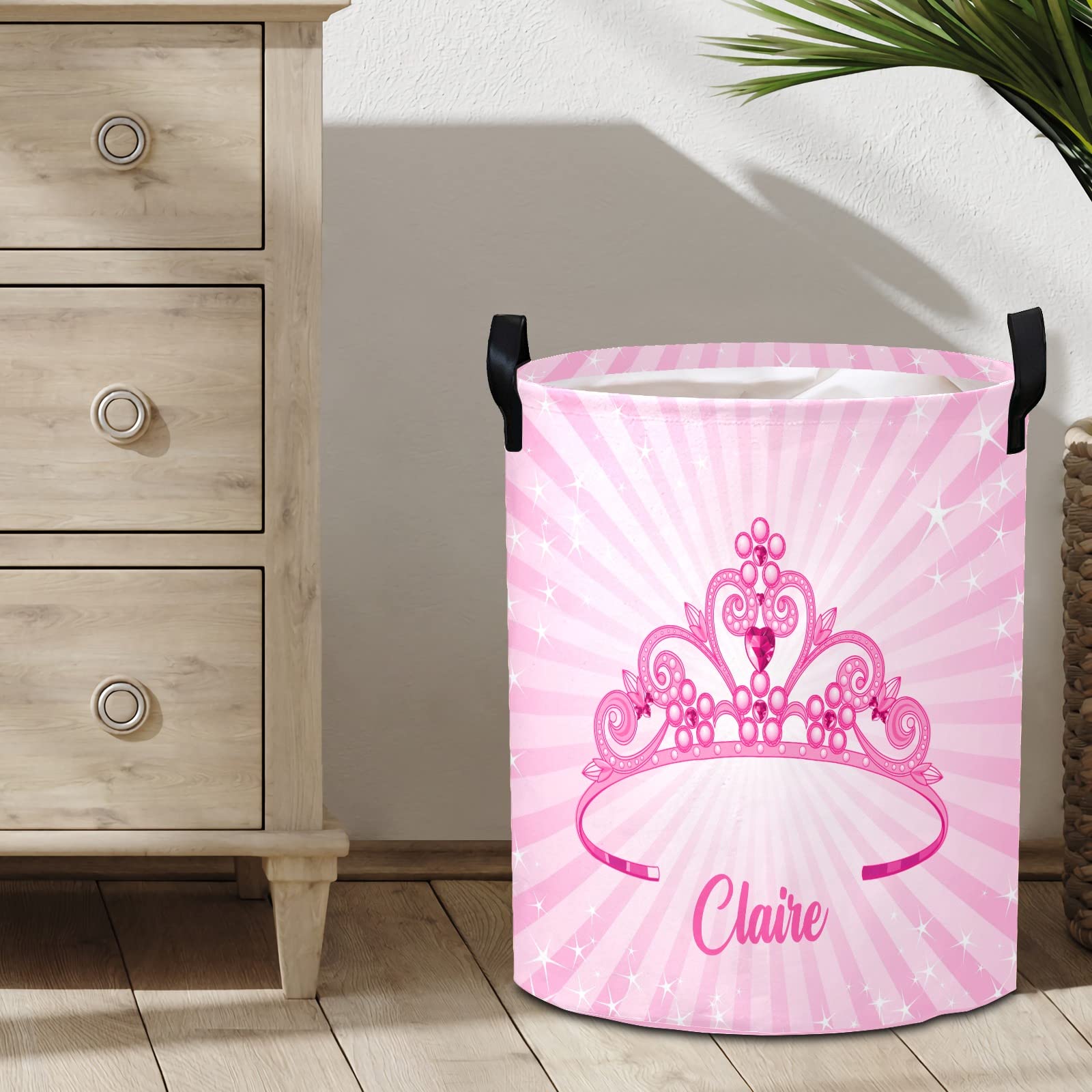 Personalized Laundry Basket Hamper,Princess Crown Pink,Collapsible Storage Baskets with Handles for Kids Room,Clothes, Nursery Decor