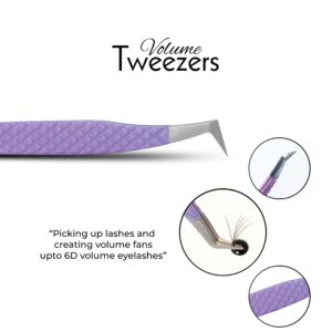 SIVOTE Lash Tweezers for Eyelash Extensions, Set of 3 - Volume, Volume Boot, Slim 90 Degree Tweezers with Fiber Tips in Pastel Colors, Ideal for Mega, Volume & Russian Lashes - Includes Leather Pouch