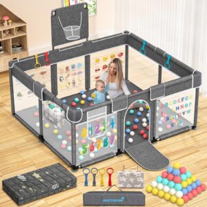 baby playpen with play mat, 71x51 extra large playpen with gate, indoor & outdoor baby fence, anti-fall playyard for babies and toddlers, kids, children's