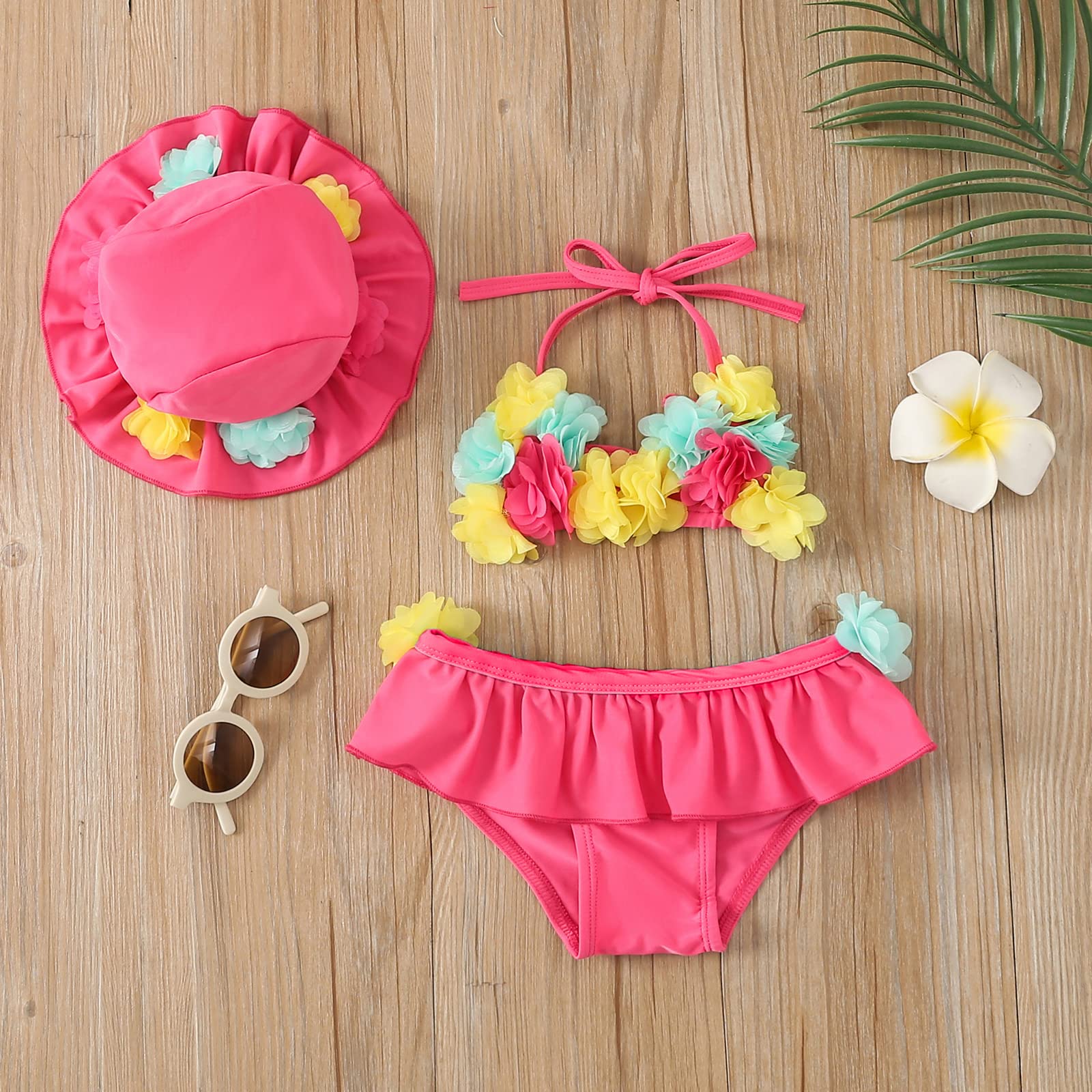 Yccutest Infant Baby Girl Flower Swimsuit 3Pcs Halter Triangle Tops Ruffle Bottoms Sun Hat Bikini Set Bathing Suit Swimwear (Pink,0-6 Months)