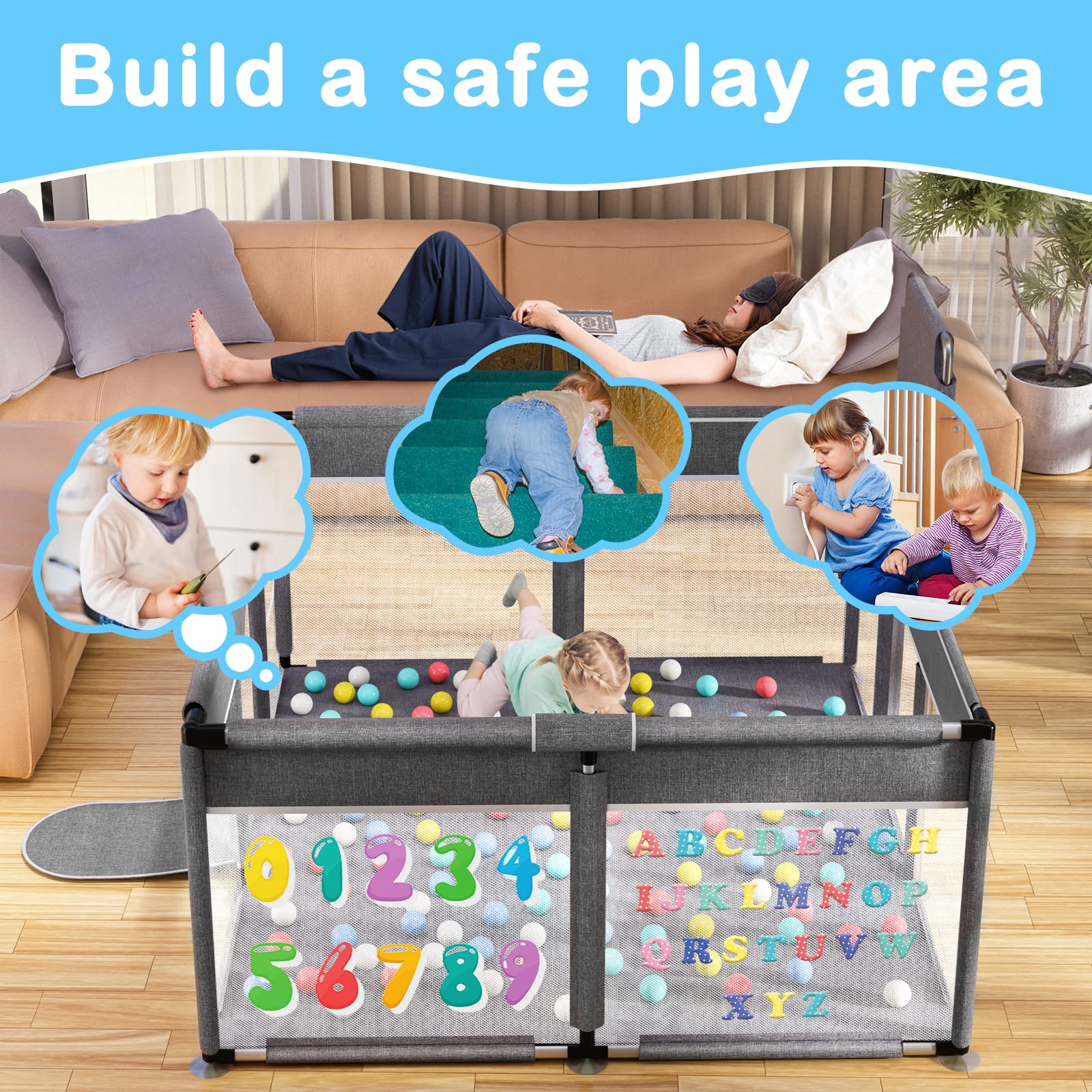 Baby Playpen with Play Mat, 71x51 Extra Large Playpen with Gate, Indoor & Outdoor Baby Fence, Anti-Fall PlayYard for Babies and Toddlers, Kids, Children's