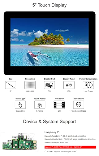 waveshare 5inch Capacitive IPS Touch Display Compatible with Raspberry Pi 5/4B/3B+/3A+/3B/2B/B+/A+/ CM3/3+/4 800×480 Resolution DSI Interface Low Power Consumption