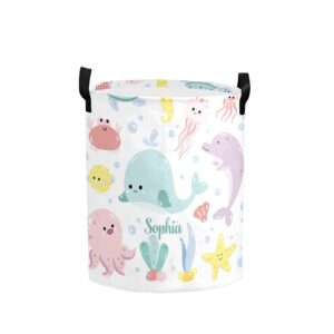 personalized laundry basket hamper,cute ocean animal,collapsible storage baskets with handles for kids room,clothes, nursery decor