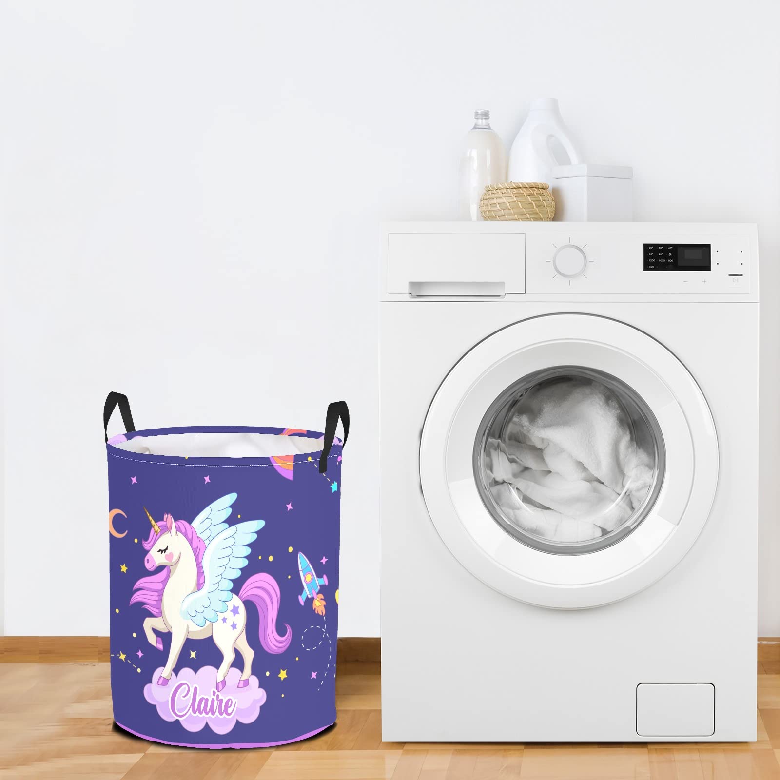 Personalized Laundry Basket Hamper,Unicorn Cloud Purple,Collapsible Storage Baskets with Handles for Kids Room,Clothes, Nursery Decor