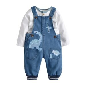 lvyinli baby boy clothes set infant boy's long sleeve romper+dinosaur denim overalls toddler boys fall winter outfits (blue, 0-6 months)