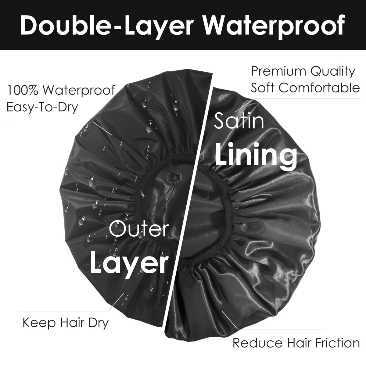 Auban Extra Large Shower Cap, Waterproof Reusable Hair Cap, XL Satin Lined Shower Bonnet for Women Men Thick Long Hair, Braids, Dreadlocks(Adjustable)