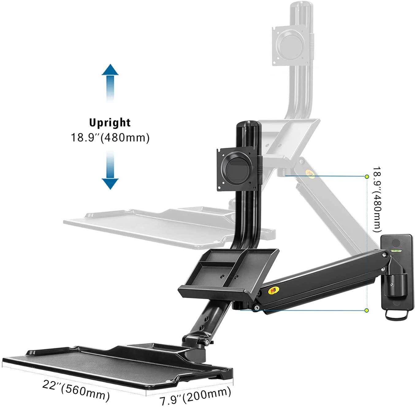 Sit Stand Workstation Wall Mount Height Adjustable Sit-Stand Converter for 19''-27'' Screens with Keyboard Tray, VESA 75/100, Load Capacity from 4.4-19.8lbs MB32-B