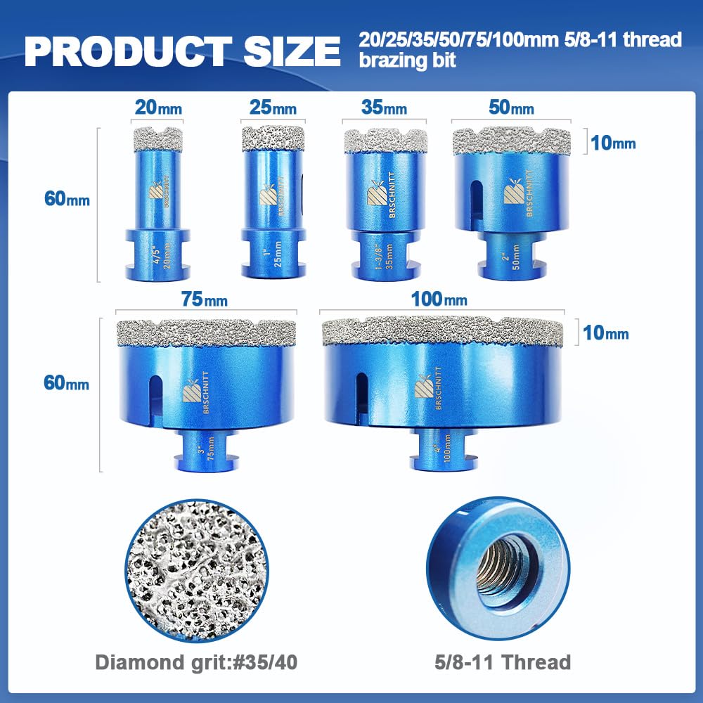 Diamond Core Drill Bit Set-4/5 1" 1-3/8" 2" 3" 4" Diamond Hole Saw,for Porcelain Tile Ceramic Marble Granite Drilling with 5/8-11 Thread（20 25 35 50 75 100mm）