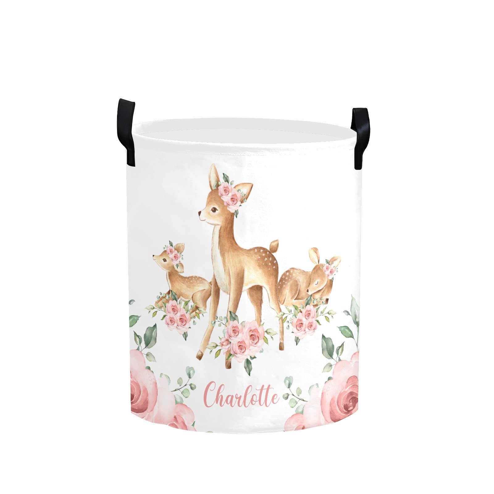 Personalized Laundry Basket Hamper,Floral Deer Pink,Collapsible Storage Baskets with Handles for Kids Room,Clothes, Nursery Decor