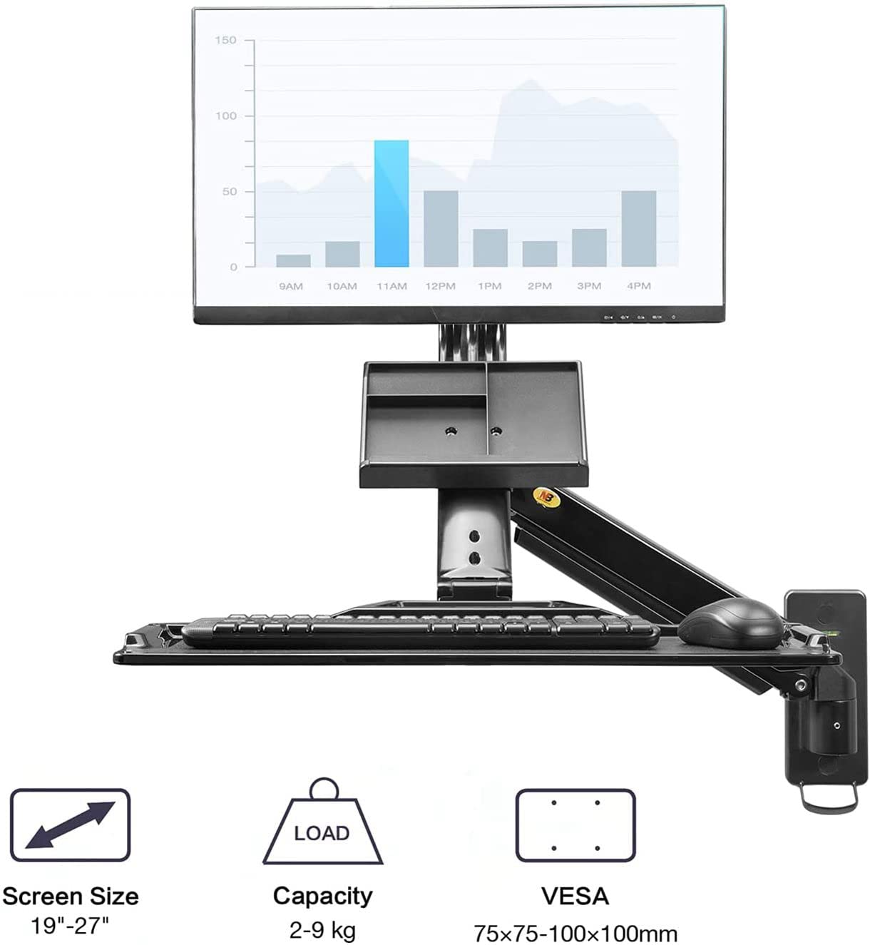 Sit Stand Workstation Wall Mount Height Adjustable Sit-Stand Converter for 19''-27'' Screens with Keyboard Tray, VESA 75/100, Load Capacity from 4.4-19.8lbs MB32-B