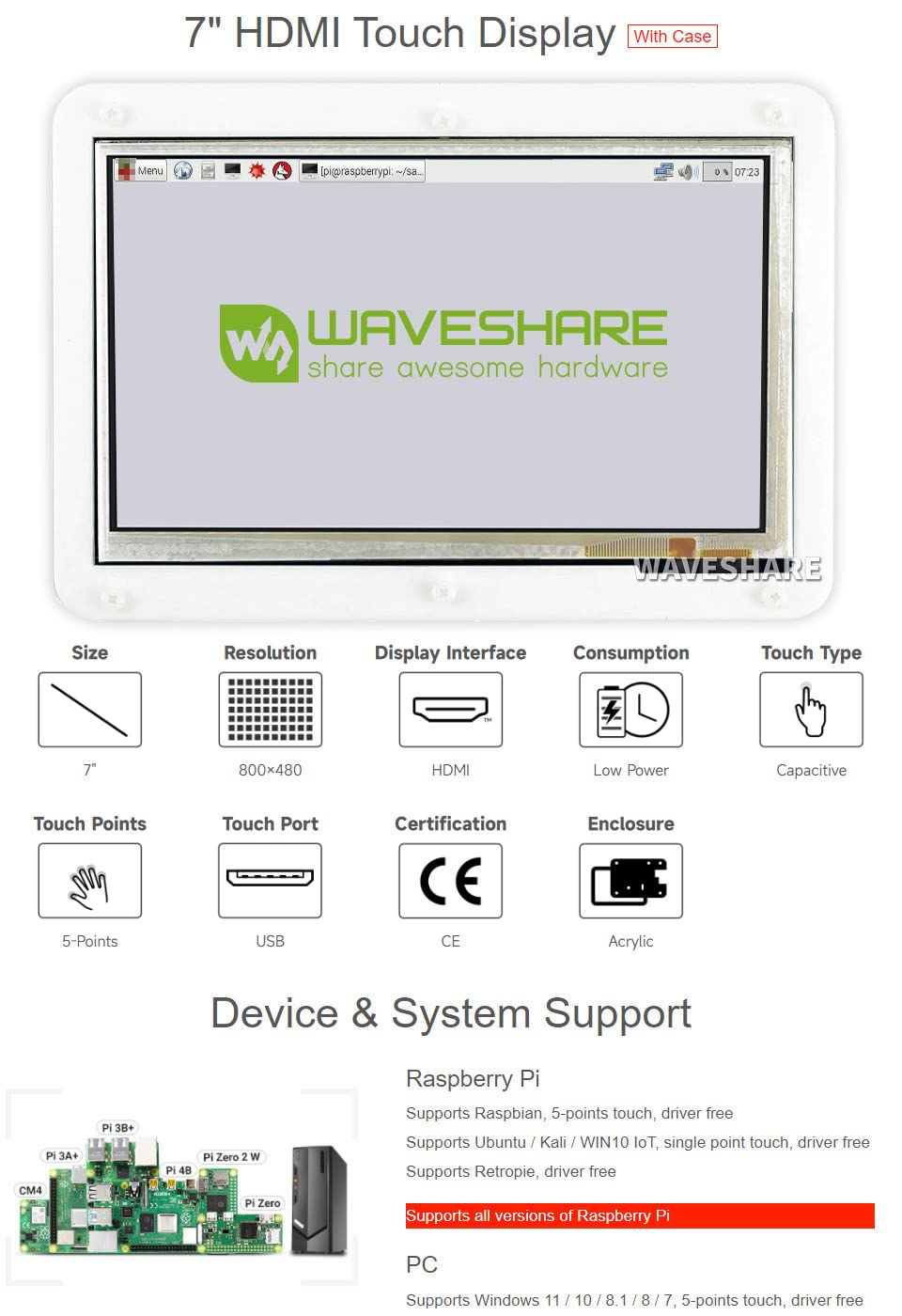 Waveshare 7inch Capacitive Touch Screen LCD with Bicolor Case Compatible with Raspberry Pi 4B/3B+/3A+/2B/B+/A+/Zero/Zero W/WH/Zero 2W CM3+/4 800×480 Resolution HDMI Supports Windows