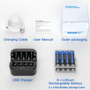 Rechargeable Lithium Batteries AA with Charger,Hixon 3500mWh High-Capacity AA Rechargeable Battery,Constant 1.5V Rechargeable Double A,1600 Cycle AA Li-ion Battery,Max 3A Current[8AA+1Charger]