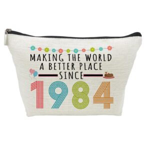 40th birthday gifts for women, funny 40 year old gift makeup bag, 1984 40th birthday makeup bags for her, mom, aunt, wife, sister, coworker, friend, making the world a better place since 1984