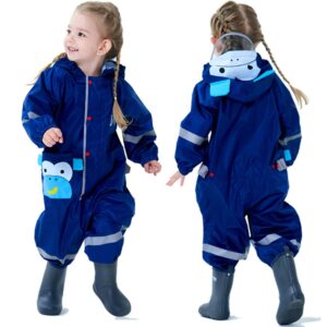 Fewlby Kids Toddler Rain Suit for boys girls One Piece Hoodie Zipper Cute Cartoon Monkey Waterproof Rain Jacket 2-5 years M Size