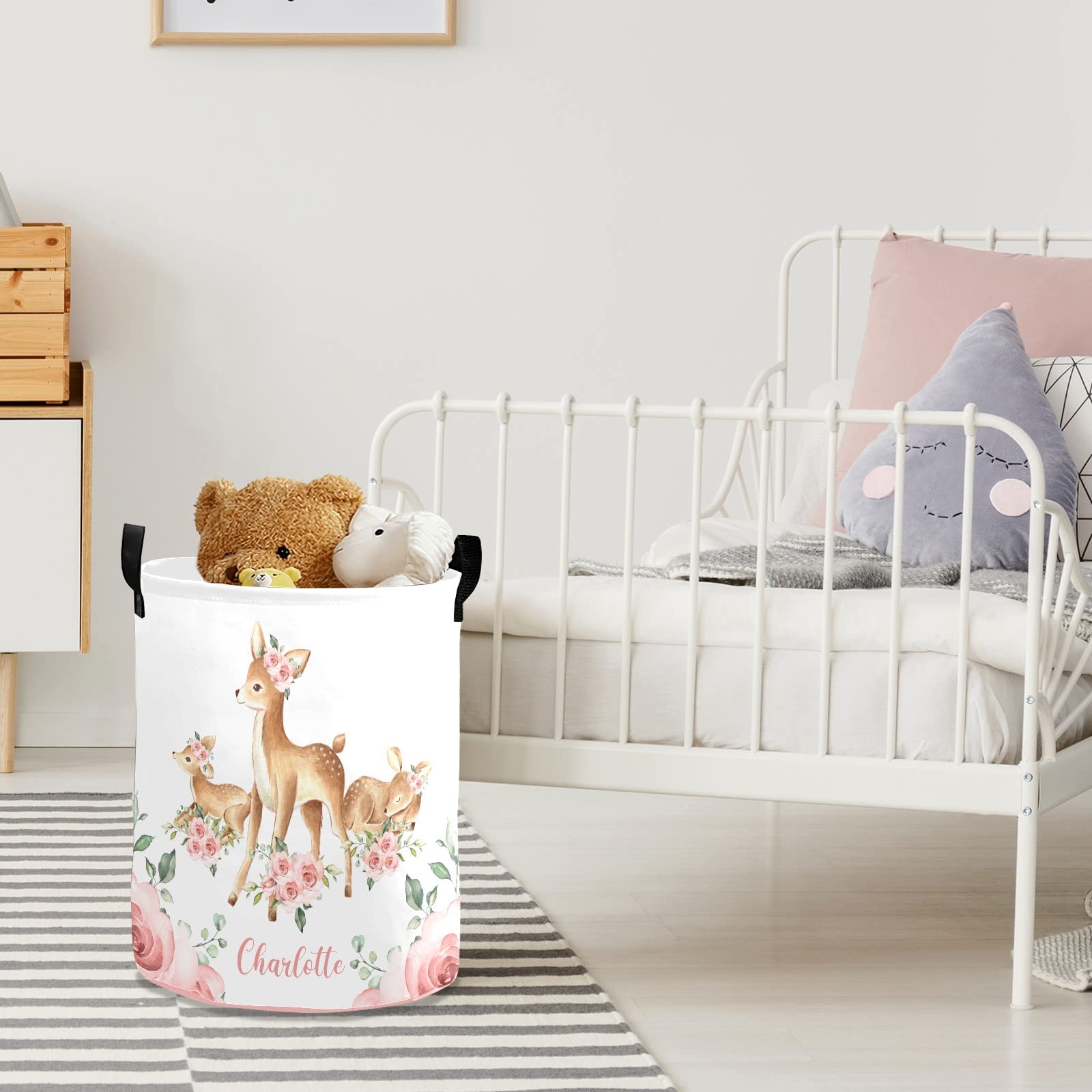 Personalized Laundry Basket Hamper,Floral Deer Pink,Collapsible Storage Baskets with Handles for Kids Room,Clothes, Nursery Decor