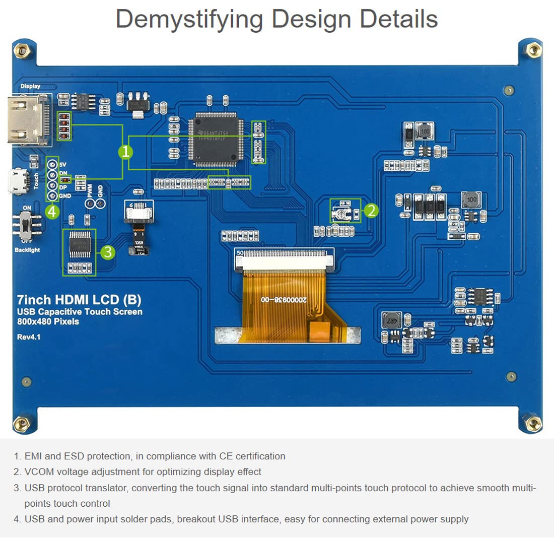 Waveshare 7inch Capacitive Touch Screen LCD with Bicolor Case Compatible with Raspberry Pi 4B/3B+/3A+/2B/B+/A+/Zero/Zero W/WH/Zero 2W CM3+/4 800×480 Resolution HDMI Supports Windows