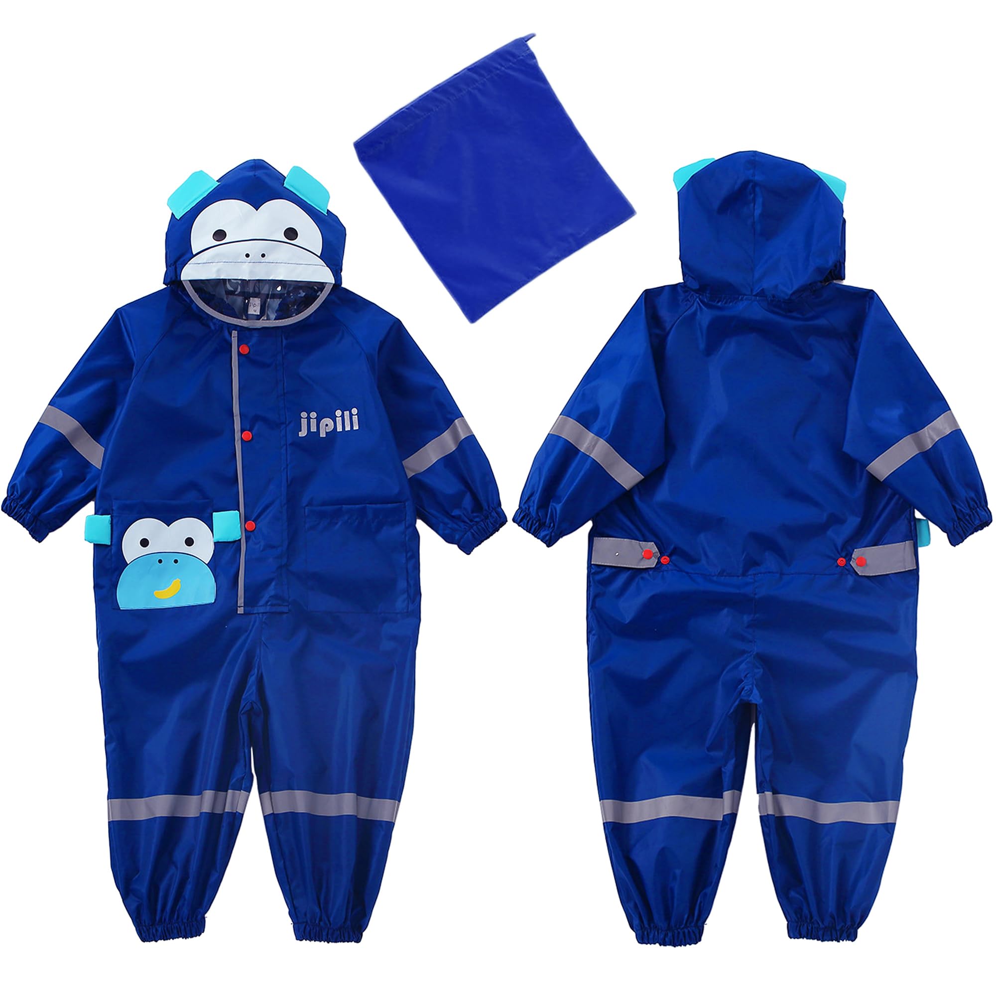 Fewlby Kids Toddler Rain Suit for boys girls One Piece Hoodie Zipper Cute Cartoon Monkey Waterproof Rain Jacket 2-5 years M Size