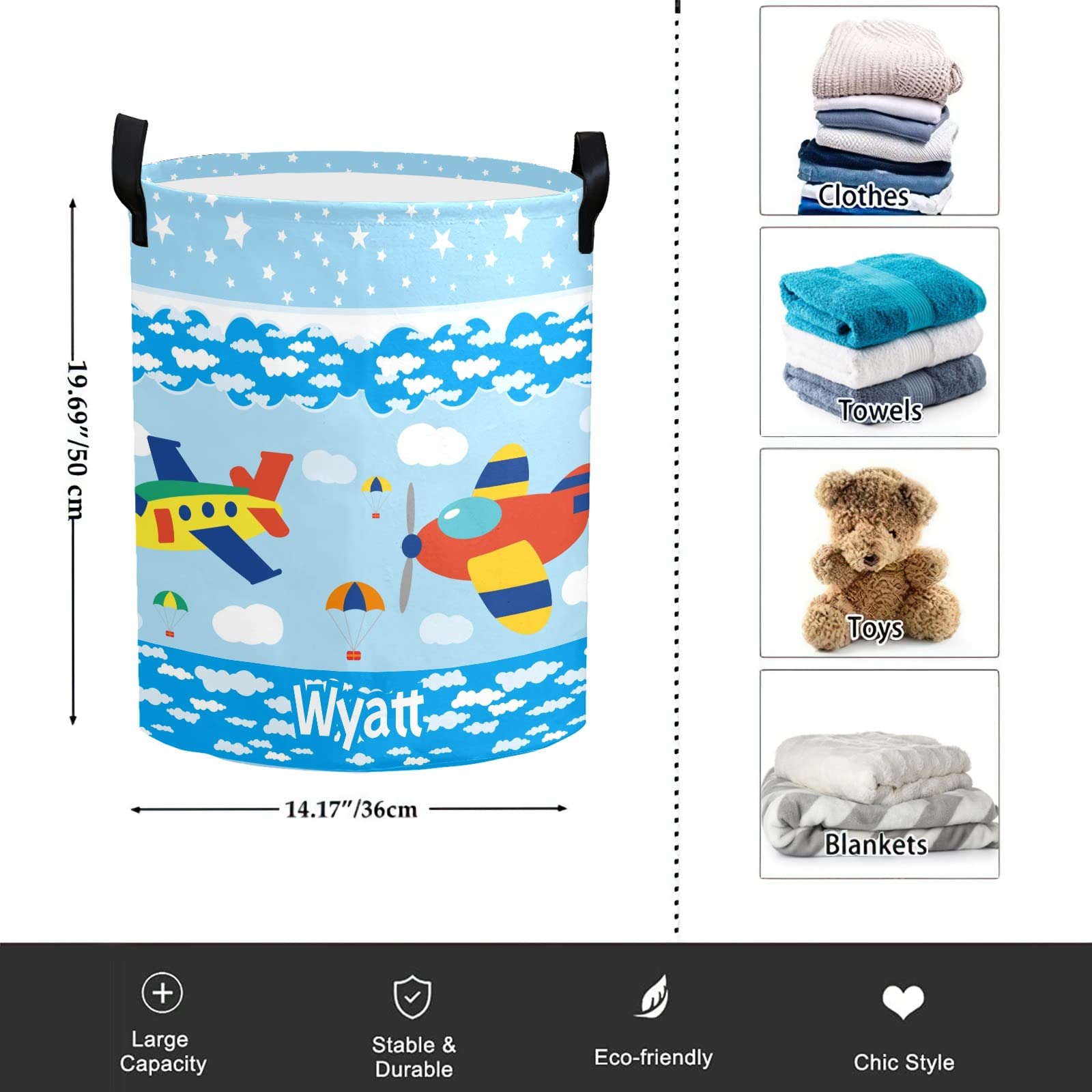 Personalized Laundry Basket Hamper,Airplane Clouds Blue,Collapsible Storage Baskets with Handles for Kids Room,Clothes, Nursery Decor