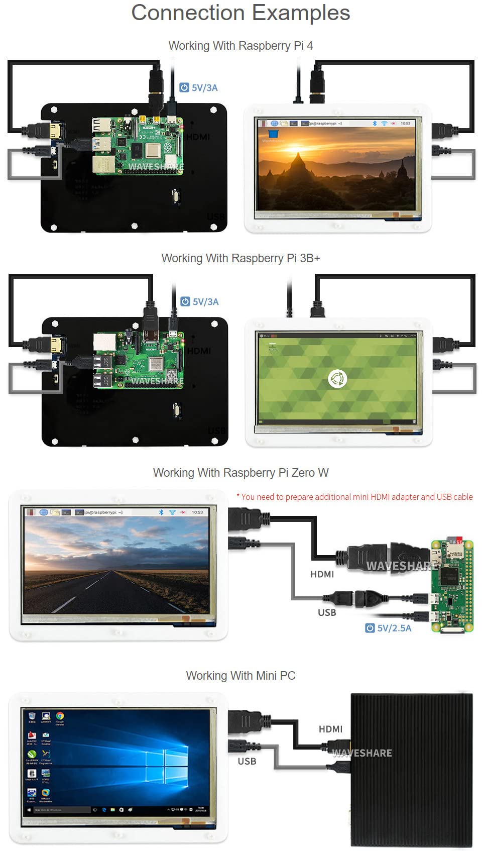 Waveshare 7inch Capacitive Touch Screen LCD with Bicolor Case Compatible with Raspberry Pi 4B/3B+/3A+/2B/B+/A+/Zero/Zero W/WH/Zero 2W CM3+/4 800×480 Resolution HDMI Supports Windows