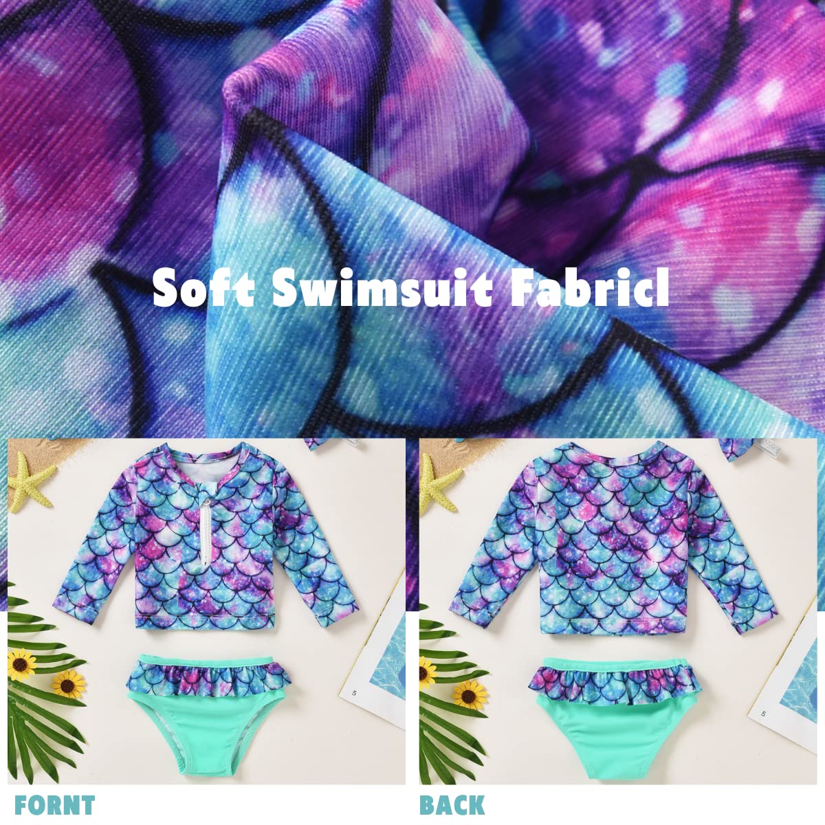 Baby Infant Girls Swimsuit Set Rash Guard 2 Piece Long Sleeve Bathing Suit Beach Wear Swimwear 9-12 Months Mermaid