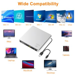 External CD DVD Drive LightScribe CD/DVD +/-RW Burner Player Writer Optical Disk Reader Portable CD DVD Drive for Laptop Mac MacBook PC Windows 11 10 Linux OS