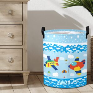 Personalized Laundry Basket Hamper,Airplane Clouds Blue,Collapsible Storage Baskets with Handles for Kids Room,Clothes, Nursery Decor