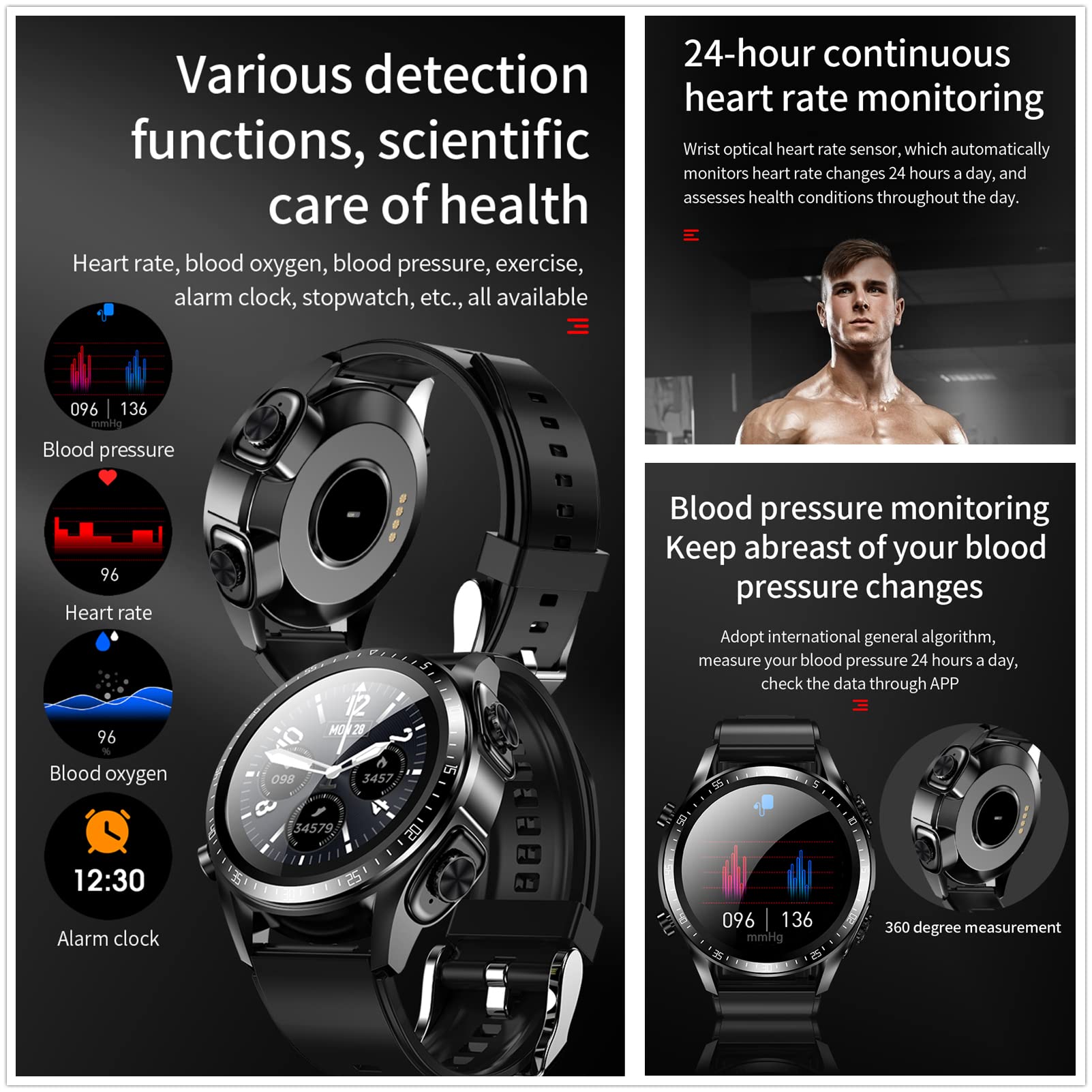 Tuanzi JM03 2 in 1 Smart Watch with Earbuds 1.28" Smartwatch TWS HiFi Stereo Wireless Headset Combo Bluetooth Phone Call for Android iOS(Black)