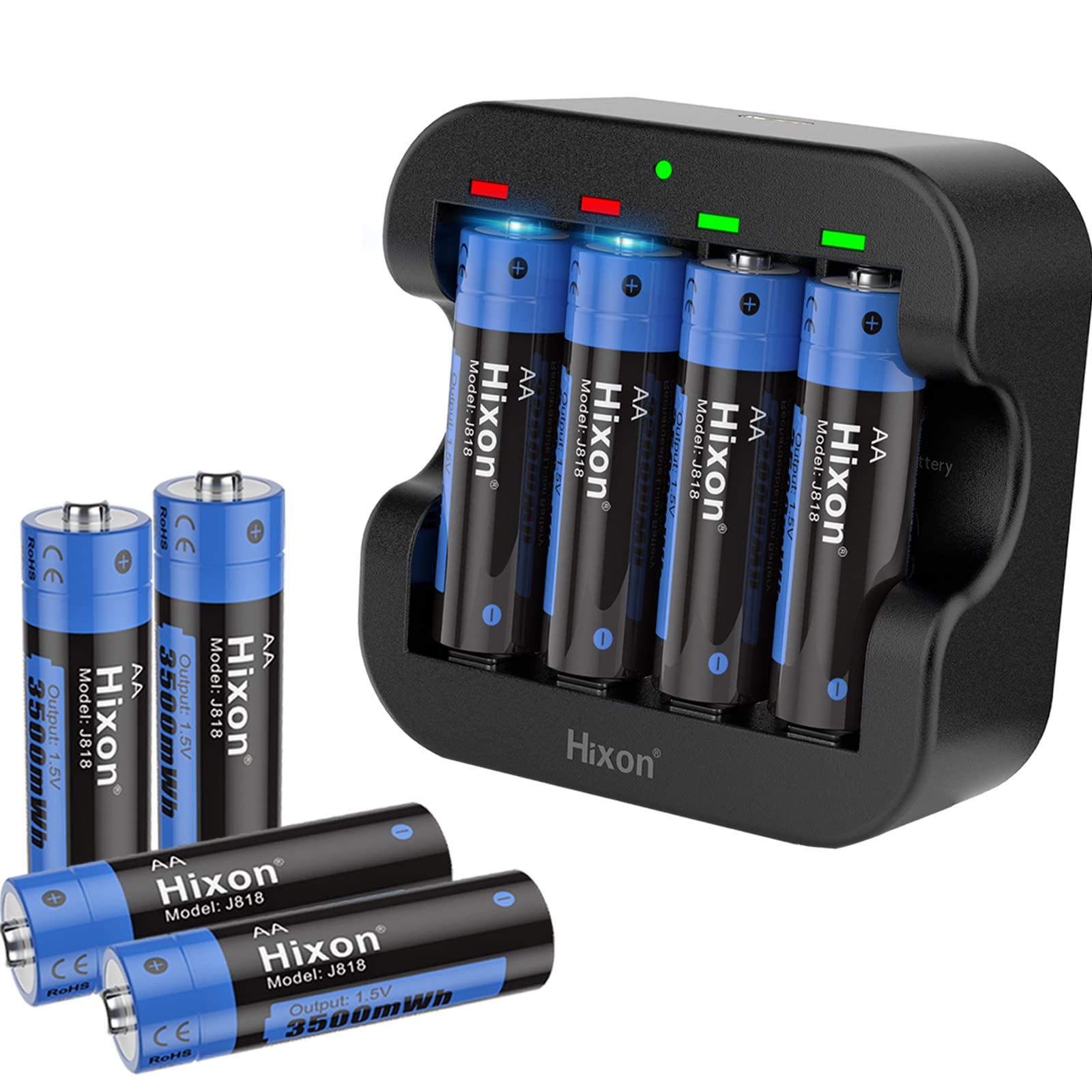 Rechargeable Lithium Batteries AA with Charger,Hixon 3500mWh High-Capacity AA Rechargeable Battery,Constant 1.5V Rechargeable Double A,1600 Cycle AA Li-ion Battery,Max 3A Current[8AA+1Charger]