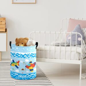 Personalized Laundry Basket Hamper,Airplane Clouds Blue,Collapsible Storage Baskets with Handles for Kids Room,Clothes, Nursery Decor