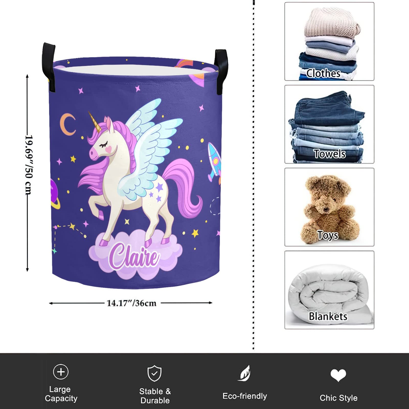 Personalized Laundry Basket Hamper,Unicorn Cloud Purple,Collapsible Storage Baskets with Handles for Kids Room,Clothes, Nursery Decor