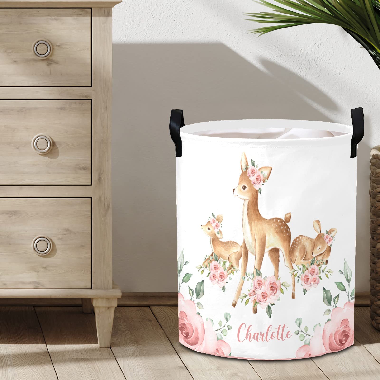 Personalized Laundry Basket Hamper,Floral Deer Pink,Collapsible Storage Baskets with Handles for Kids Room,Clothes, Nursery Decor