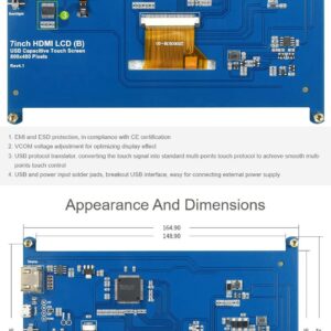 waveshare 7inch Capacitive Touch Screen LCD Compatible with Raspberry Pi 4B/3B+/3A+/2B/B+/A+/Zero/Zero W/WH/Zero 2W CM3+/4 800×480 Resolution HDMI Low Power Consumption Supports Windows