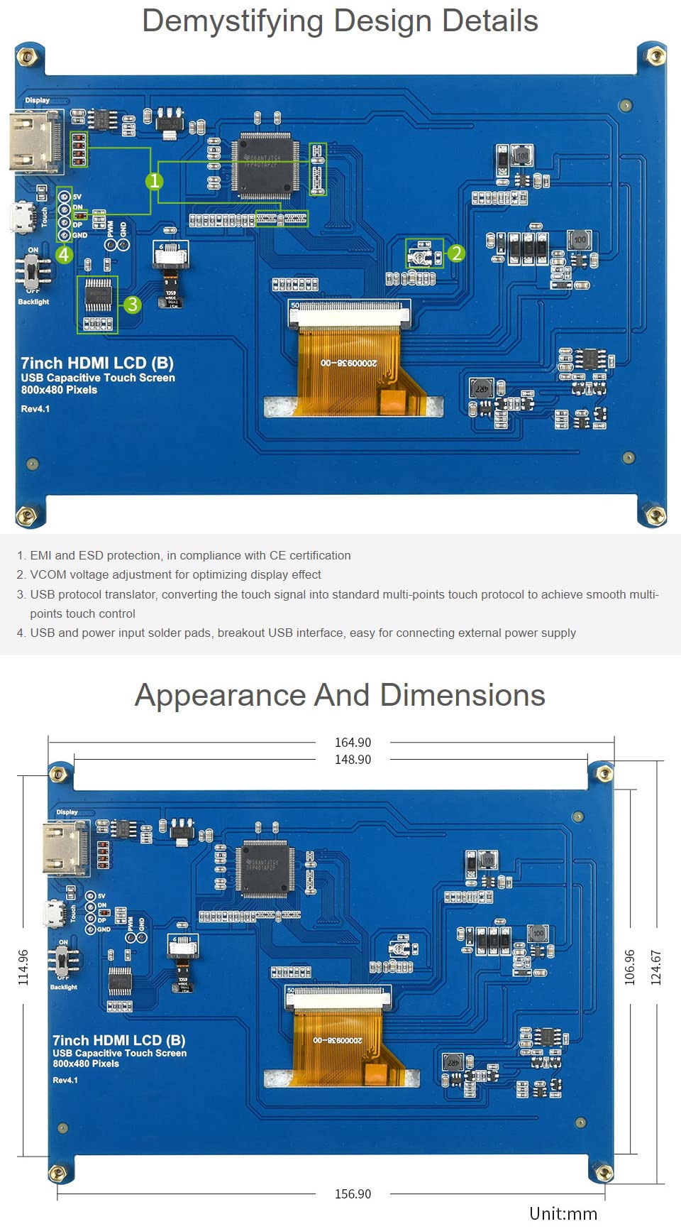 waveshare 7inch Capacitive Touch Screen LCD Compatible with Raspberry Pi 4B/3B+/3A+/2B/B+/A+/Zero/Zero W/WH/Zero 2W CM3+/4 800×480 Resolution HDMI Low Power Consumption Supports Windows