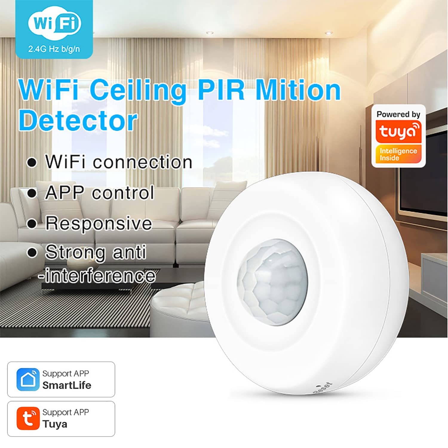 WiFi Smart Motion Sensor: PIR Motion Detector Alert, Wireless Infrared Home Security System with Free App Alerts, 360 Degree Detection Range, No Hub Required, for Smart Home Automation