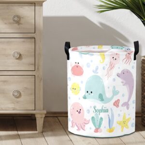 Personalized Laundry Basket Hamper,Cute Ocean Animal,Collapsible Storage Baskets with Handles for Kids Room,Clothes, Nursery Decor