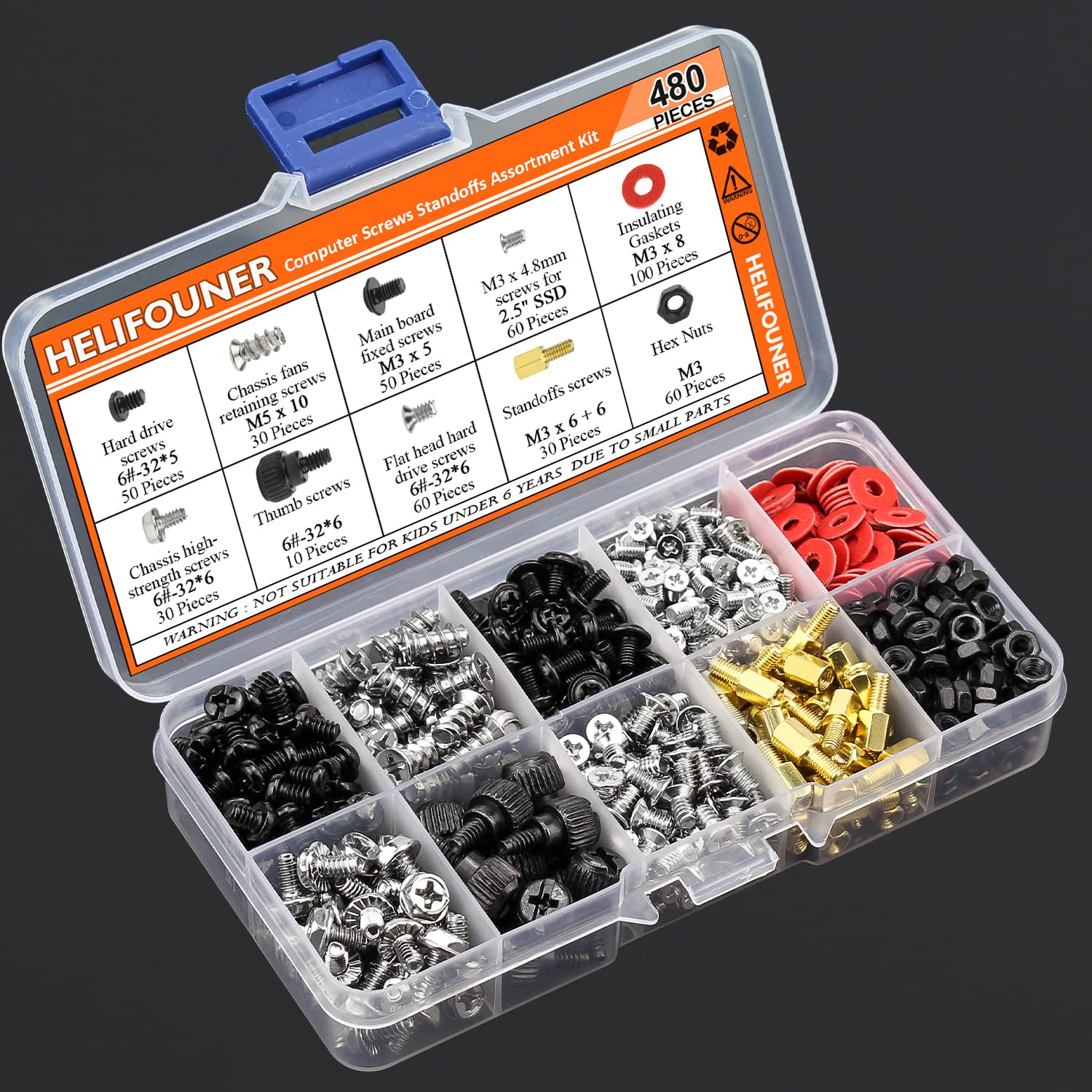 HELIFOUNER 480 Pieces Computer Standoffs Screws Assorted Kit for 2.5" SSD, Hard Drive, Computer Case, Motherboard, Fan Power Graphics with Screwdriver