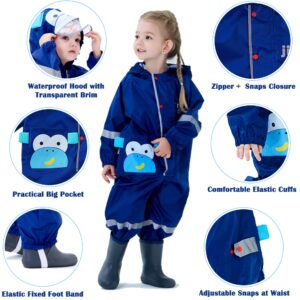 Fewlby Kids Toddler Rain Suit for boys girls One Piece Hoodie Zipper Cute Cartoon Monkey Waterproof Rain Jacket 2-5 years M Size