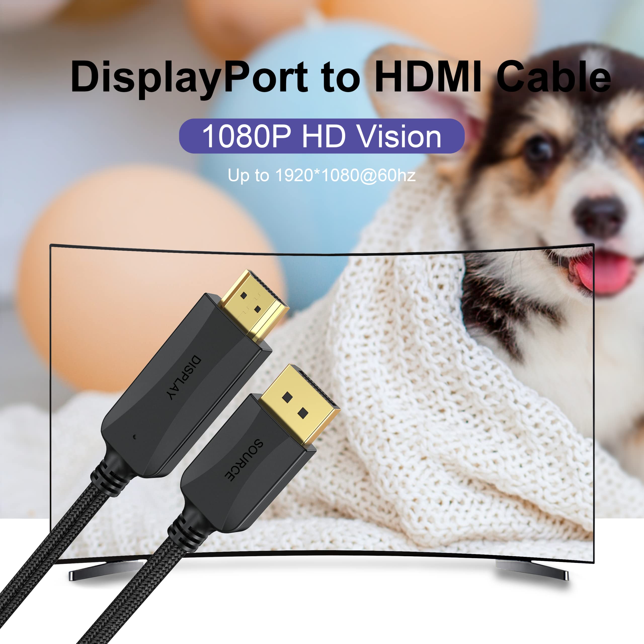 Thin DisplayPort to HDMI Cable 3ft, 2-Pack Display Port DP to HDMI Cable Adapter Male Cord, Gold-Plated Braided FHD Supports Video and Audio,Converts Signal for DP to HDMI Monitor