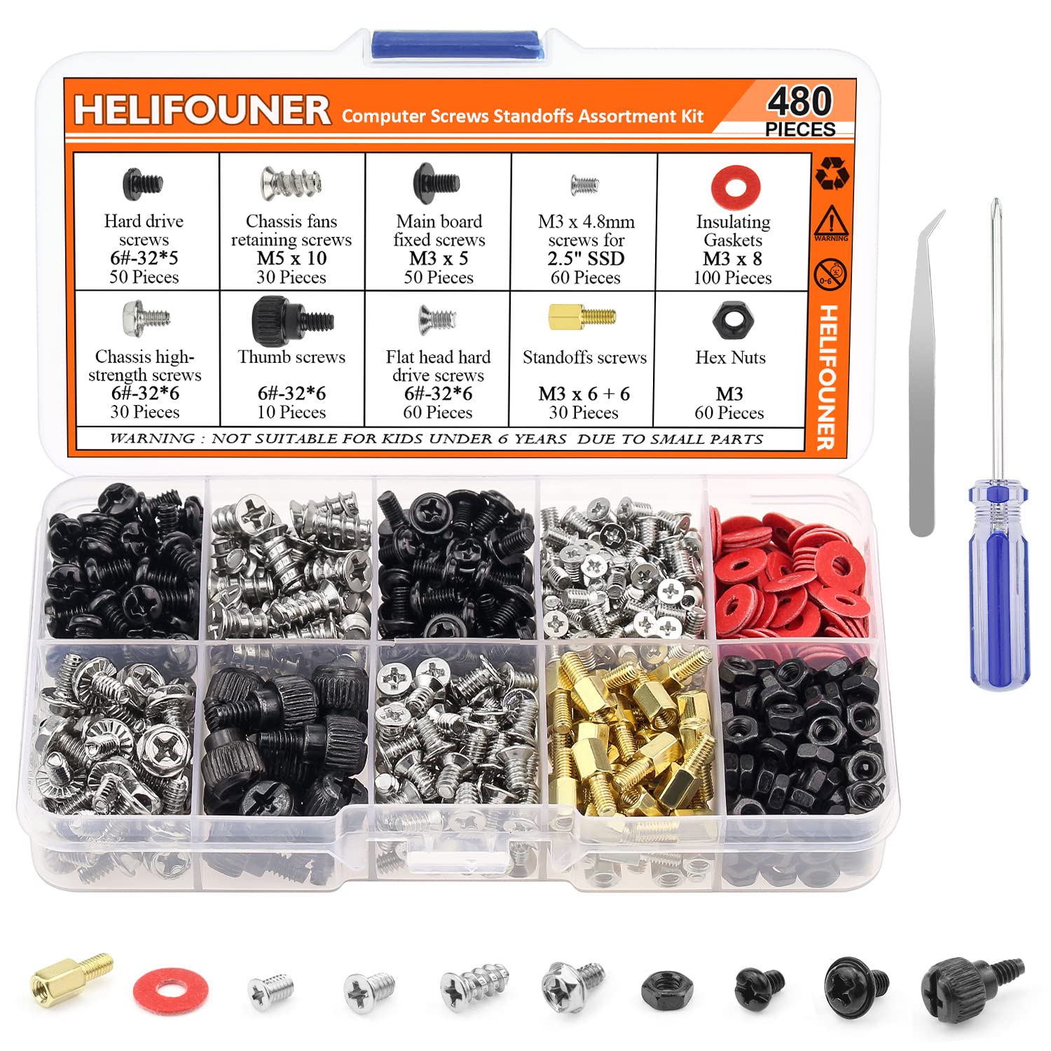 HELIFOUNER 480 Pieces Computer Standoffs Screws Assorted Kit for 2.5" SSD, Hard Drive, Computer Case, Motherboard, Fan Power Graphics with Screwdriver