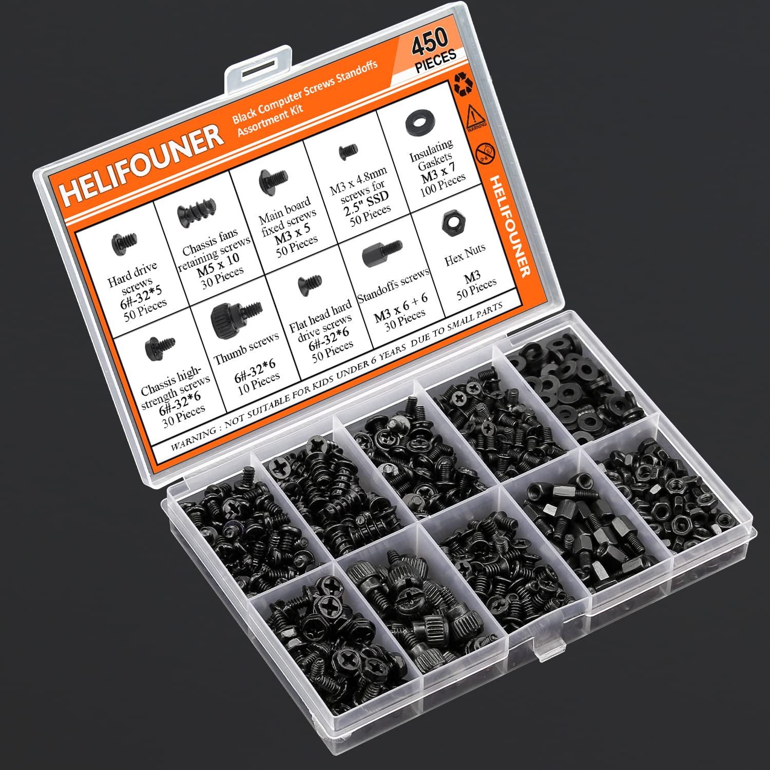 HELIFOUNER 450 Pieces Computer Standoffs Screws Assortment Kit for 2.5" SSD, Hard Drive, Computer Case, Motherboard, Fan Power Graphics with Screwdriver, Black