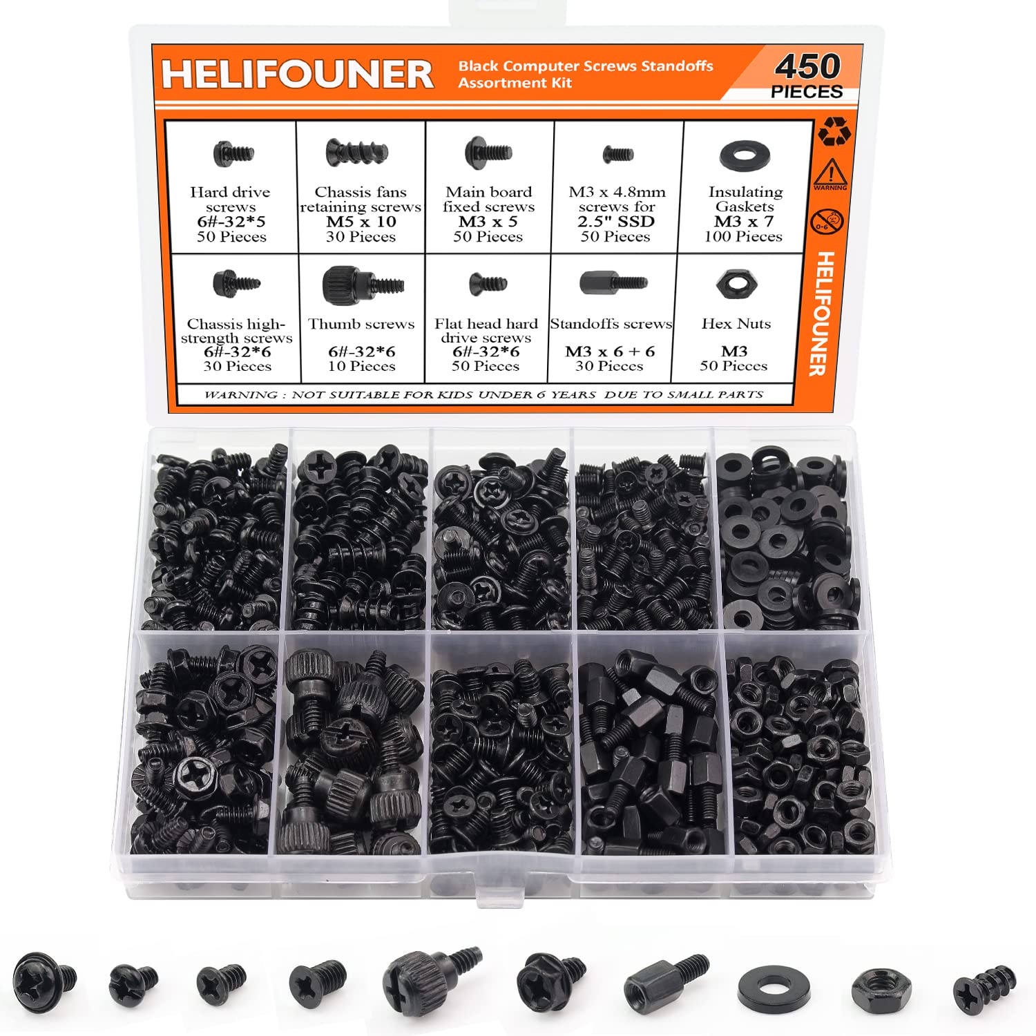 HELIFOUNER 450 Pieces Computer Standoffs Screws Assortment Kit for 2.5" SSD, Hard Drive, Computer Case, Motherboard, Fan Power Graphics with Screwdriver, Black