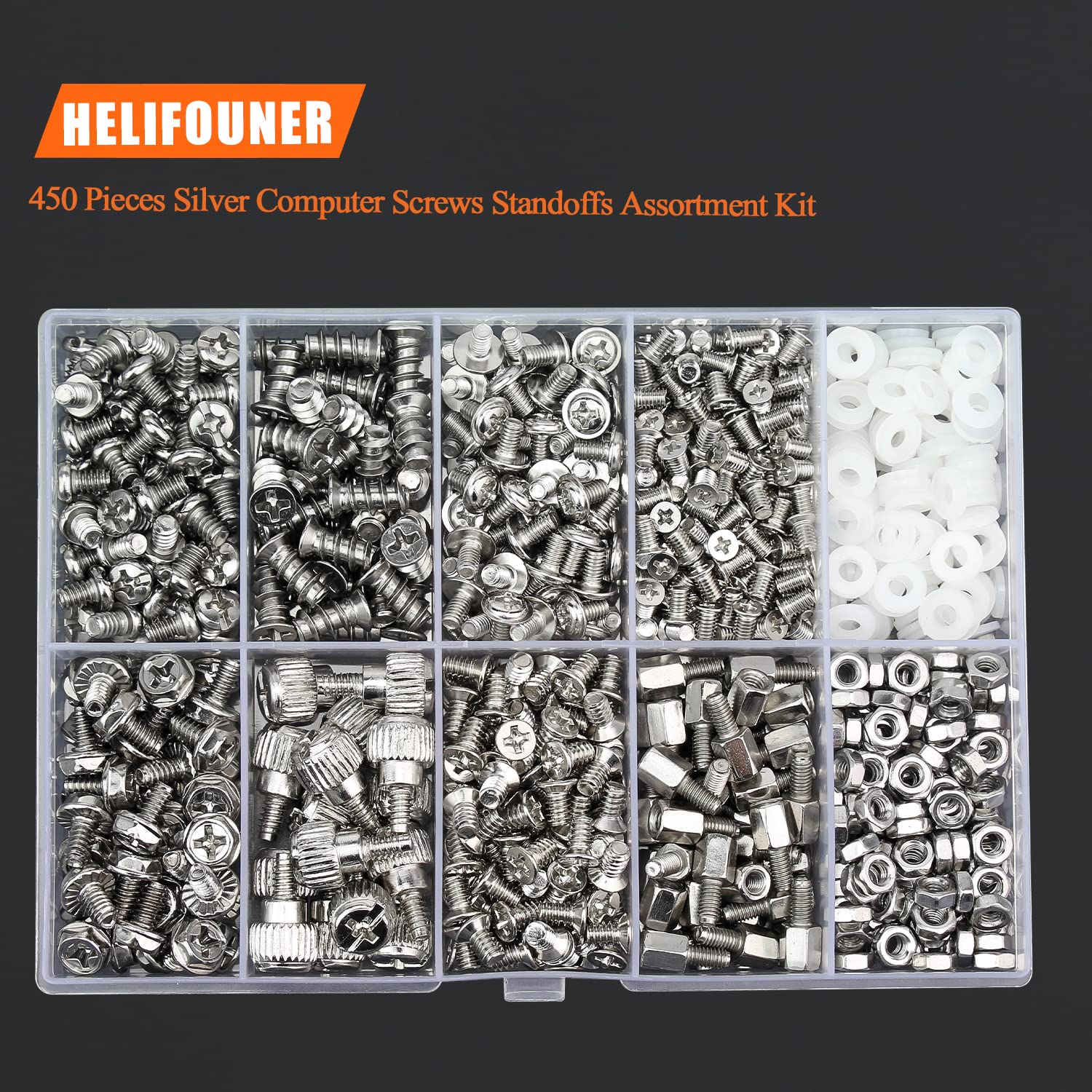 HELIFOUNER 450 Pieces Computer Standoffs Screws Assortment Kit for 2.5" SSD, Hard Drive, Computer Case, Motherboard, Fan Power Graphics with Screwdriver, Silver